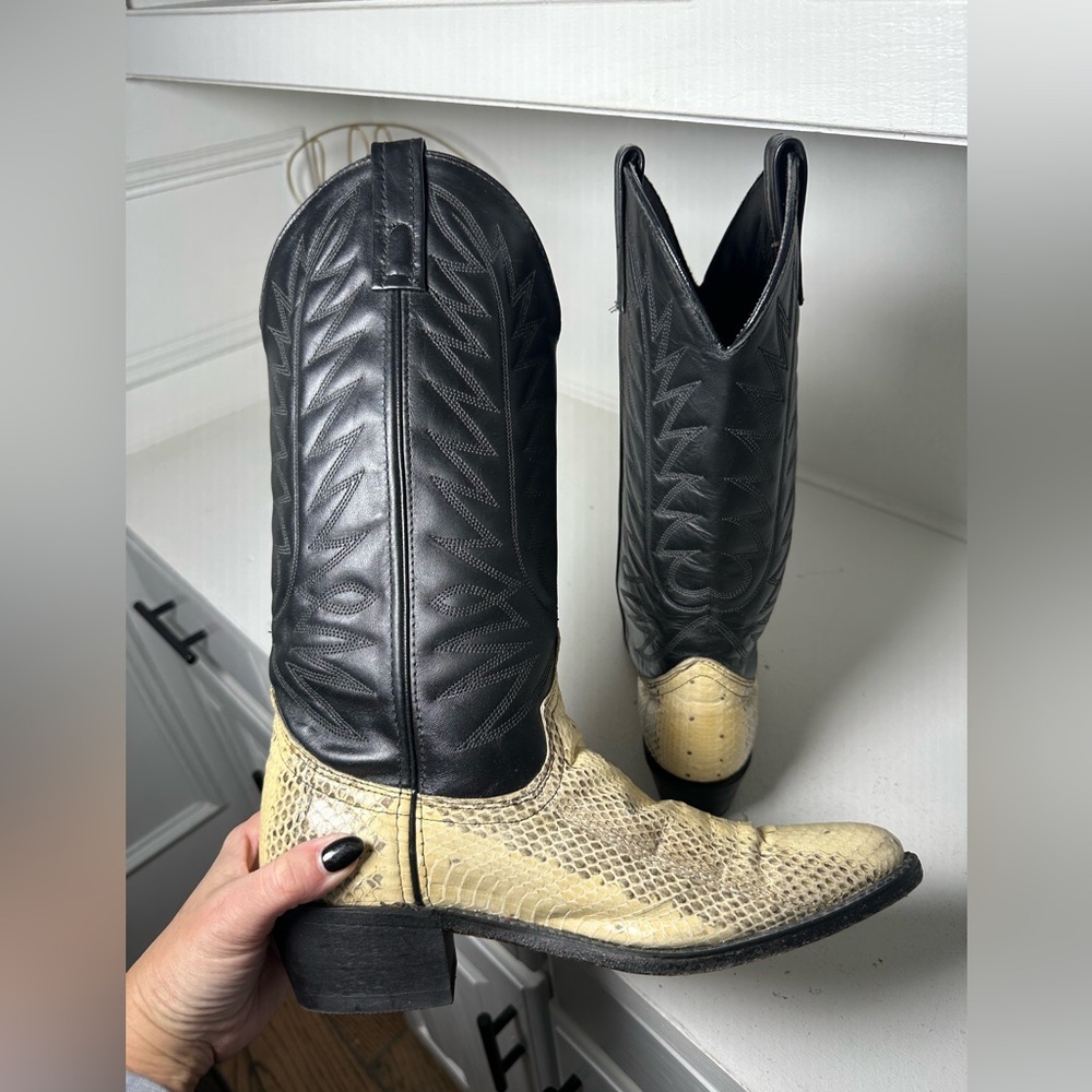 Laredo Snakeskin Print Cowboy Boots Mens 8D Womens 9.5 Black Tan Western Exotic - Picture 5 of 7